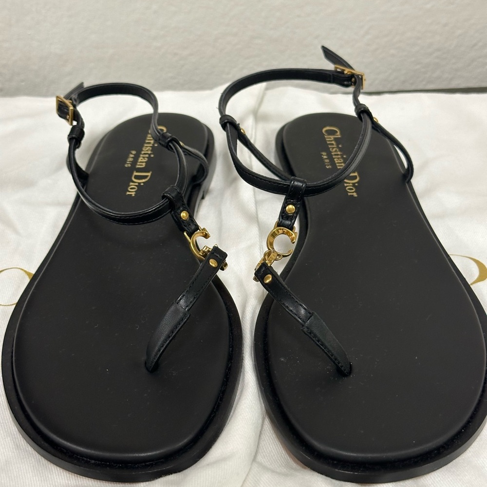 Dior C'est Dior Flat Sandals Leather Black size :6